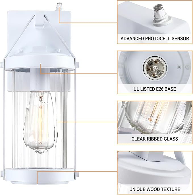 LONEDRUID 2 Pack Dusk to Dawn Sensor Outdoor Wall Sconce Lighting White Exterior Porch Lantern Modern Outside Garage Light Fixtures Waterproof Wall Mount Lamp for House Patio Front Door
