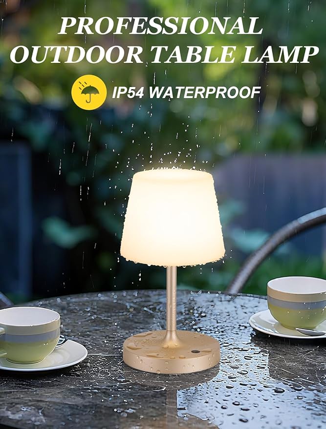 Kakanuo Champagne Gold Shower Lamp Waterproof, Rechargeable Cordless Lamp with 4000mAh Battery, Touch Dimmable Table Lamp for Outdoor, Kitchen, Bathroom, Camping, Patio, IP54
