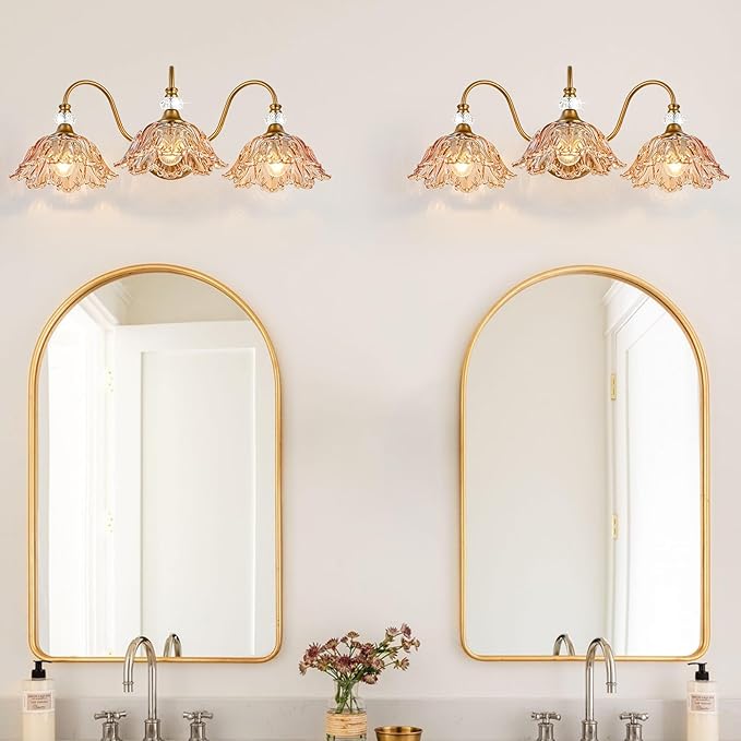 Vintage 3-Light Bathroom Vanity Light | Matte Brass & Flower Amber Glass Wall Sconce