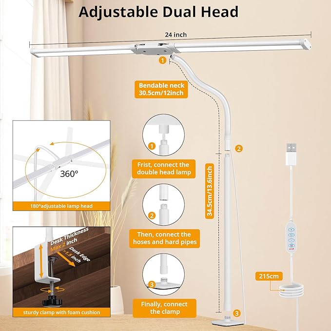 Desk Lamp with Clamp, with 5V 2A Adapter, LED Desk Lamp with Dual Head, 50 Light Modes, Computer Monitor Flexible Neck Lamp, Eye Protection Desk Lamps for Study, Office, Crafts, Draw(White)
