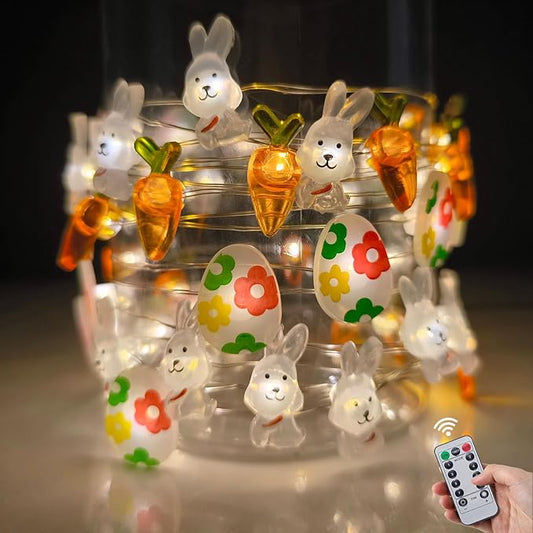 Easter Decorations Battery Operated 17Ft Bunny Carrot Egg String Lights 50 LED Fairy Lights with Timer, Spring Decor for Indoor Outdoor Home Mantel Tree Egg Hunt Party Easter Decoration