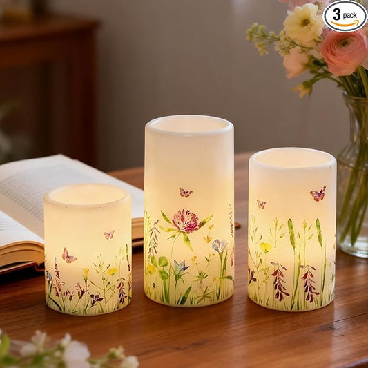 DRomance Butterfly Spring Flameless Candles with 6 Hour Timer Real Wax Battery Operated LED Flickering Pillar Candles Dinner Holiday Home Decor(3 Pack, 3" D x 4", 5", 6" H)