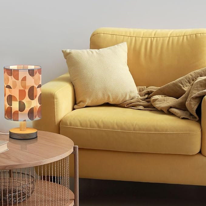 Rust Brown Modern Geometry Art Pattern Bedside Table Lamps with USB Port for Bedroom Lamp Accent Table Lamp Small Nightstand Lamp Sturdy Linen Shade Wooden Base Decorative Lamps for Kids|Dorm|Home