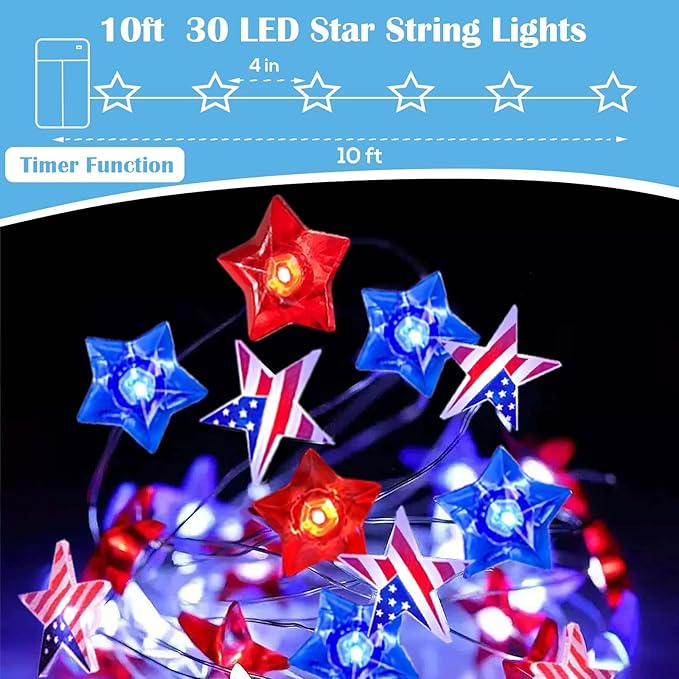 ITICdecor 4th of July Decoration 30 LED Star String Lights Battery Operated with Timer Patriotic Star Fairy Lights for Independence Day President Day Memorial Day Indoor Outdoor Décor