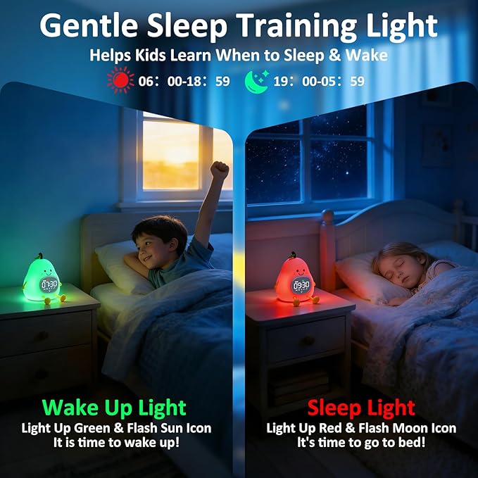 Pear Alarm Clock with Night Light for Kids with Sleep Training Light and White Noise, Rechargeable Silicone Lamp OK to Wake Clock，Cute Tabletop Clock, Perfect Sleep Companion for Boys Girls
