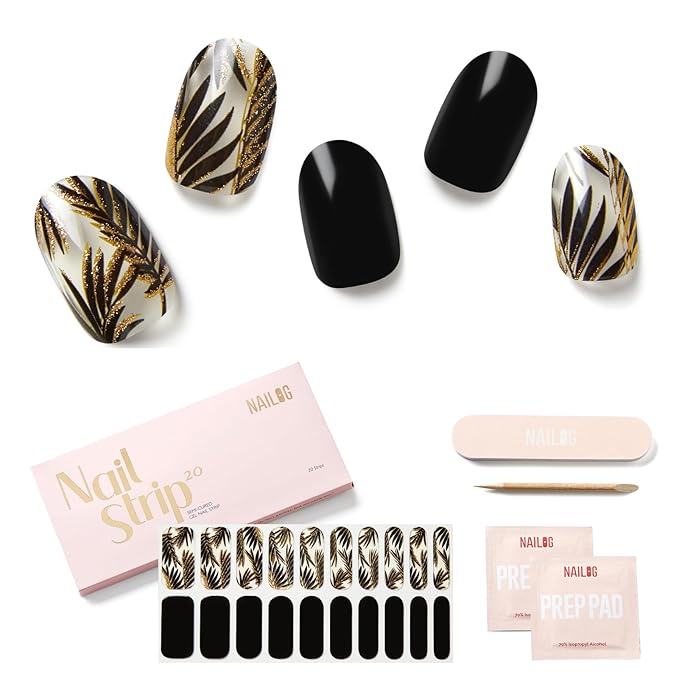 Semi Cured Gel Nail Strips - NAILOG 20 Pcs Gel Nail Stickers | Buy 2 Get 1 UV Light | Extra Long Nail Wraps with Glossy Gel Finishing Black, Golden Leaves