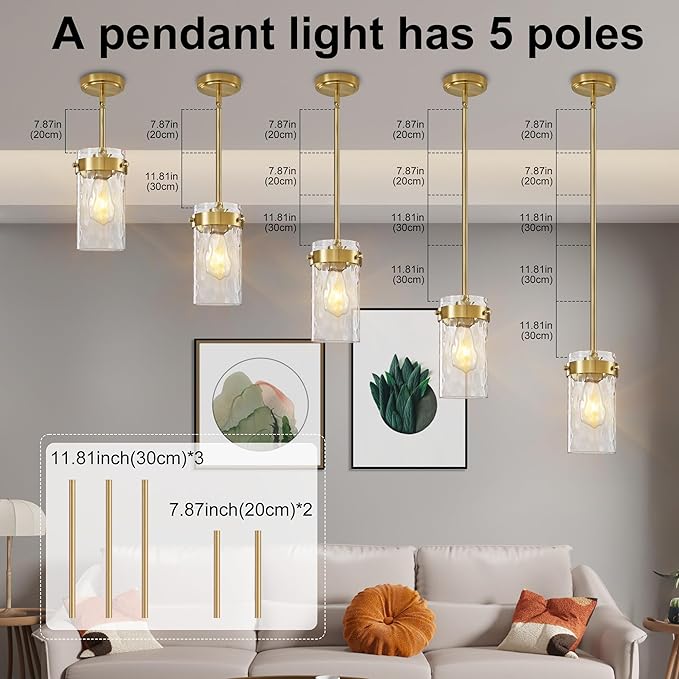 4.72" Hammered Glass Pendant Lighting for Kitchen Island 1 Pack, Modern Brushed Gold Pendant Light Fixtures, Adjustable Ceiling Pendant Light for Kitchen Island Dining Room Bedroom Hallway