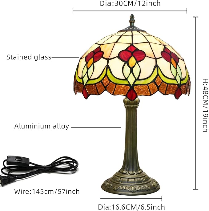 Red Tuilp Tiffany Lamp Stained Glass Table Lamps Antique Vintage Style Bedside Nightstand Nightstand Decor Living Room Bedroom Office Home Retro Bar Hotel 12 Inch Unique Reading Desk Lamps