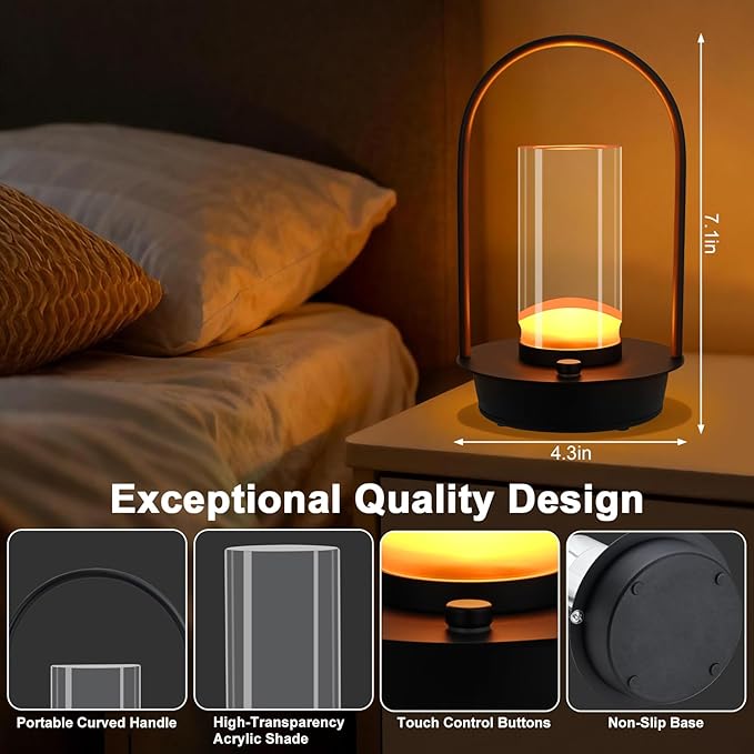 Cordless Table Lamp - Portable Lumisom Crystal Lantern with Touch & 3 Color Dimmable, Rechargeable Small Battery Powered Desk Lamp, Kiyagi Crystal Lantern for Bedroom Bedside Patio Camping Bar (Black)
