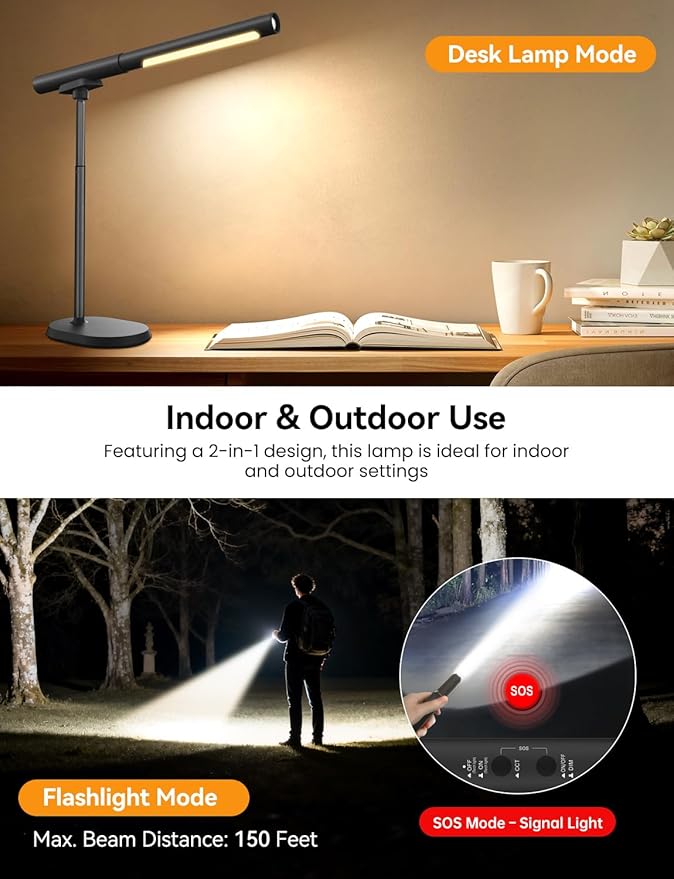 Cordless Desk Lamp, Magnetic LED Work Light, Rechargeable Battery Powered Lamp, Dimmable Brightness & 3 Color Modes, Wireless Table Lighting for Reading, Bed, Flashlight with Signal Light for Camping