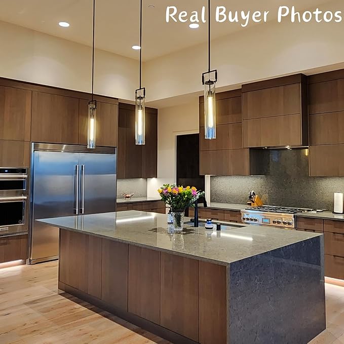 Modern Black Pendant Lights Set of 2, 21.6'' kitchen pendant lighting over island, Indoor Adjustable Height Glass Pendant Light Fixtures, Large Pendant Lights Kitchen Island, E12 Bulb Included