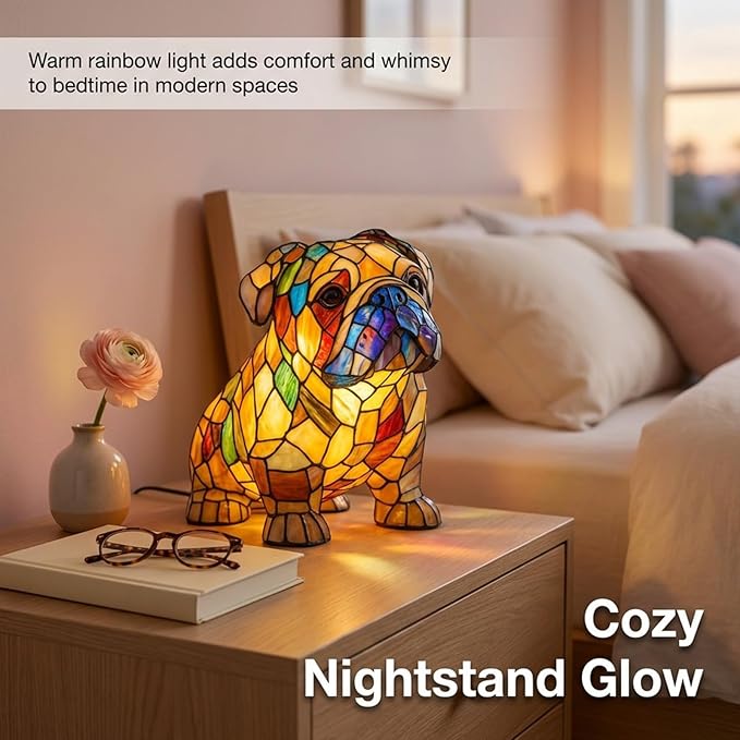 Rainbow Puppy Lamp Stained Glass Dog Night Light 3D Retro Stained Resin Rainbow Pup Lights Charge Powered Table Lamp Puppy Glow Lamps for Home Bedroom Desk (H)