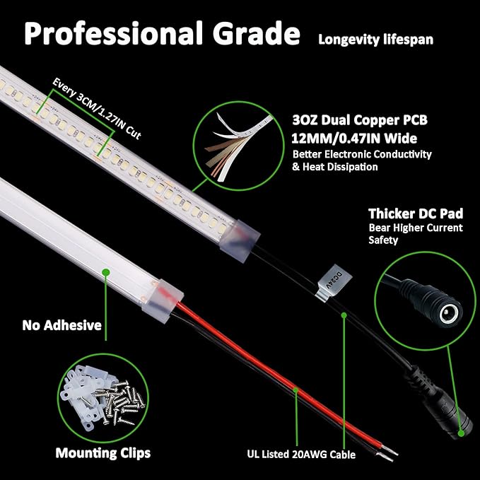 JOYLIT 24V White LED Strip 16.4ft 6000K 853lm/ft Ultra Bright CRI 92+ IP67 Waterproof, UL Premium SMD2835 1190LEDs High-Density 14000lm 120W Outdoor Cool White Tape Light for Commercial, Residential