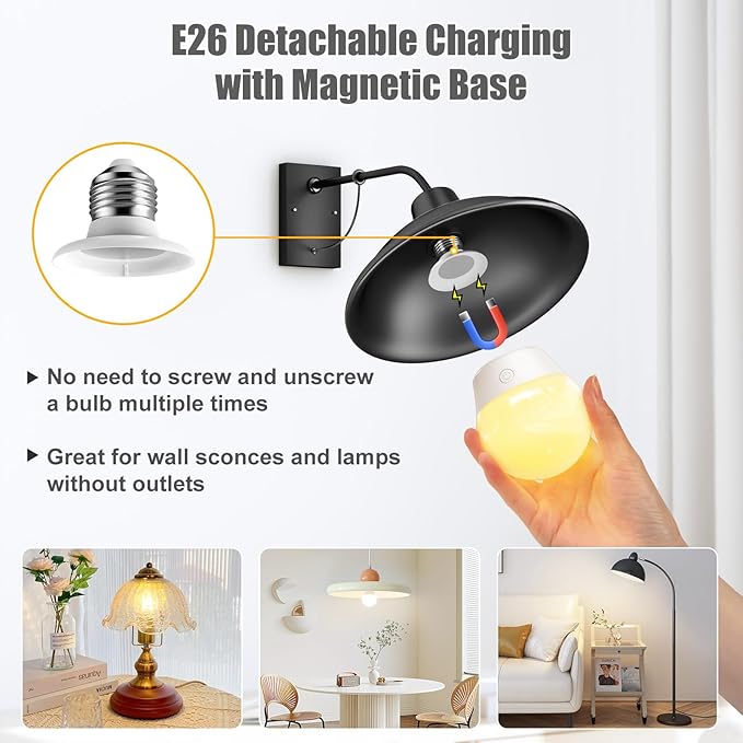 Rechargeable Light Bulb with Remote and Timer for Sconce and Lamp, Battery Backup Night Light, E26 Detachable Charging, Magnetic Base, 3 Lighting Colors, Dimmer, 7W, Lanyard Included, 4 Pack