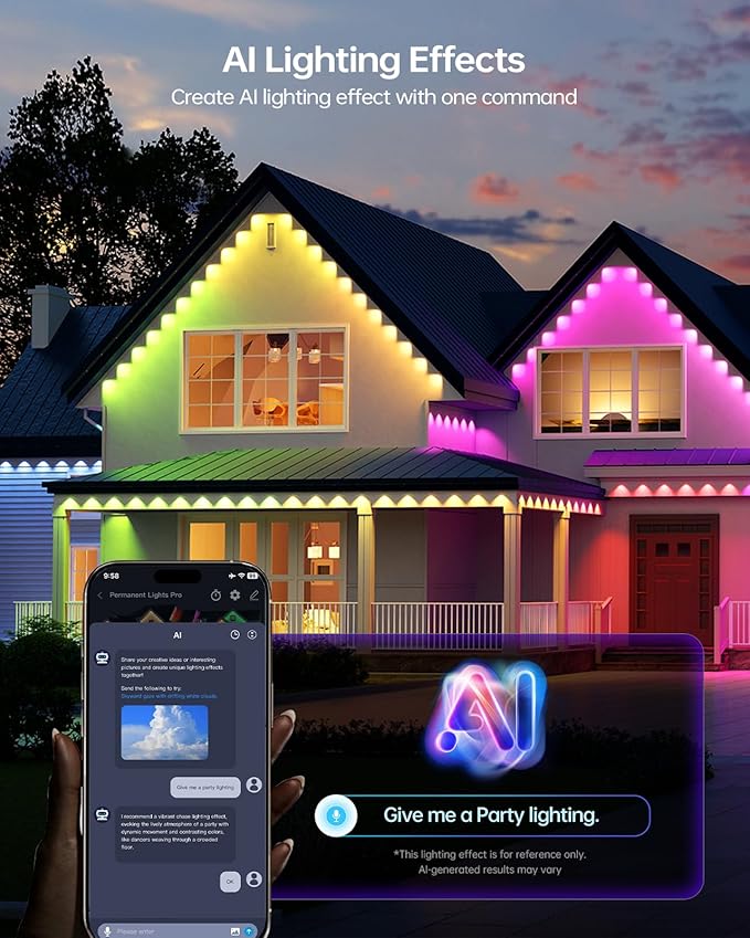 ASAHOM AI Permanent Outdoor Lights S107D, 200FT with 144 RGBCW LED Lights and Dual Output, 30,000 Lighting Effect Combination, IP67 Waterproof for House Halloween Christmas and Daily Decoration, Black