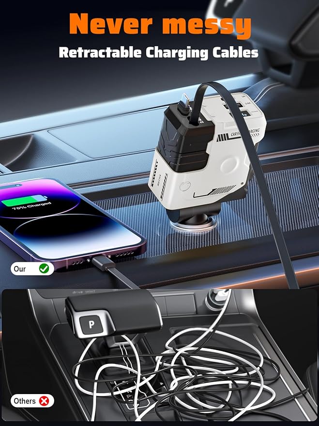 Retractable Car Charger with Retractable Cables (31.5 inch), 4 in 1 Super Fast Car Phone Charger, 2 USB Ports Car Charger Adapter, Compatible with iPhone 15 14 13 12 11 Pro Max, iPad, Pixel