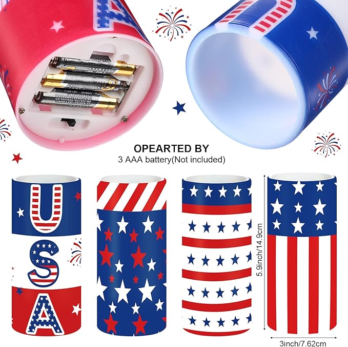 Tiamon American Flag LED Candles 4th of July Flameless Independence Day Battery Operated USA Stars Patriotic Candles with 18-Key Remote Timer Set for Holiday Festival Table Decorations