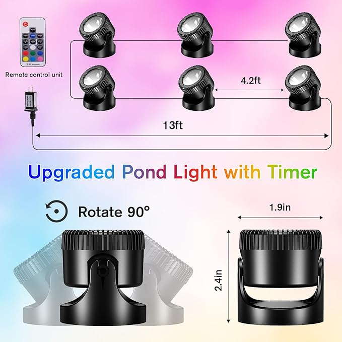 POPOSOAP RGB Underwater Pond Lights with Timer, 20 Colors Dimmable Submersible Led Fountain Lights with IP68 Waterproof, Support Remote Control for Outdoor Ponds Aquarium Garden Pool (6 Headlamps)