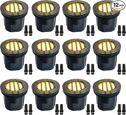 6W Well Lights, Grated Top, 3000K, 12-24V AC/DC, Outdoor In-ground Lights with Wire Connectors, IP65 Waterproof Low Voltage Lighting for Garden Fence Pathway Deck, ETL Certified, 12 Pack
