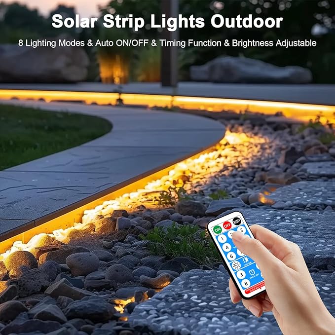 Solar Led Strip Lights Outdoor, 20ft Solar Rope Lights Self-Adhesive Waterproof, 8 Mode with Remote Timer and Auto On/Off, Perfect for Deck, Patio, Poolside, Camping Decor, Warm White