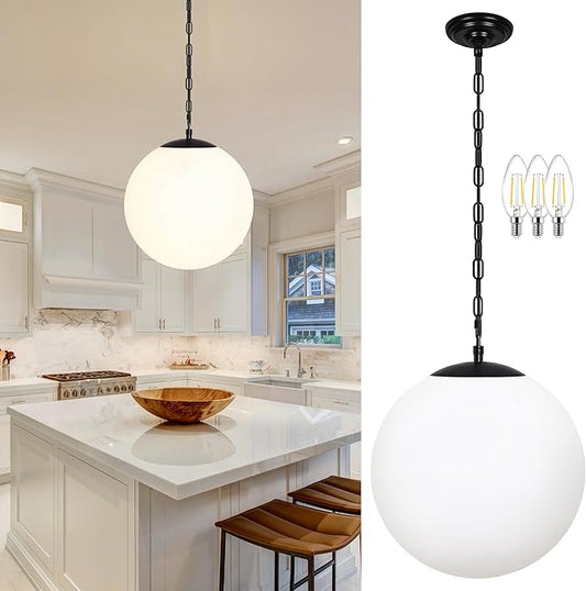 KoKo&Yukina 13.7" Black Globe Pendant Light Mid Century Pendant Light Milk Glass Pendant Lights Kitchen Island Adjustable Hanging Light Fixture for Dining Room Bedroom Kitchen Island