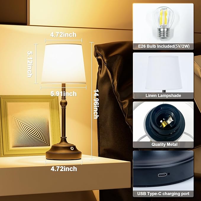 VOLISUN Cordless Table Lamp, 2 Pack 5200mAh Battery Operated Lamp, Touch Dimmable Wireless Lamp Bedside Light for Bedroom, Living Room, Dining Room (Black)
