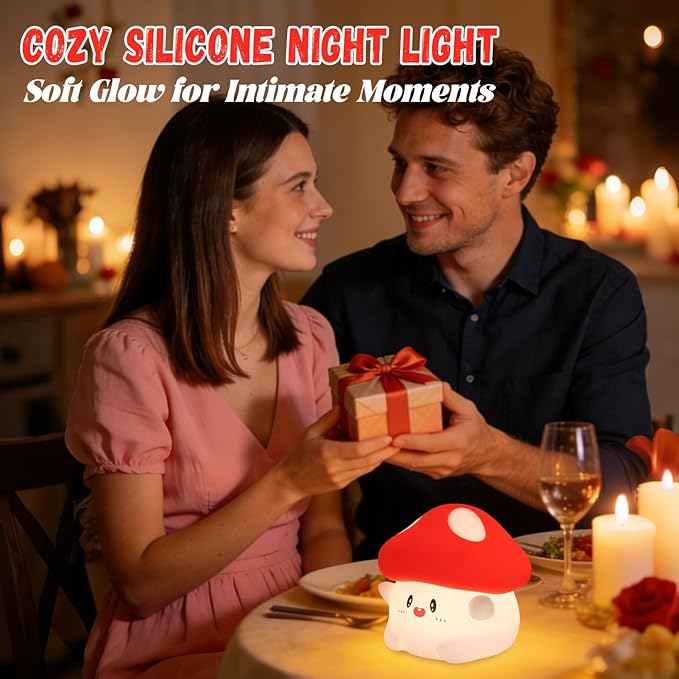 Mushroom Night Light Squishy Lamp, 50Hrs Battery Kids Nightlight, Tap Control, 30Min Auto-Off, Rechargeable Kawaii Bedside Lamp for Girls Room Decor, [Easter Gifts]