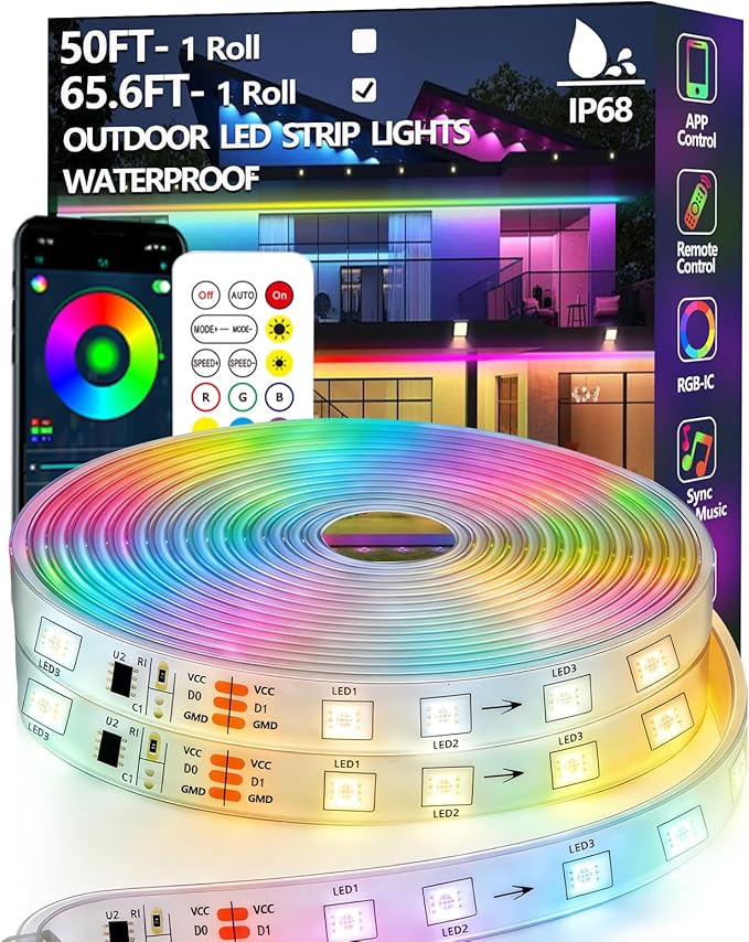 65.6FT Outdoor LED Strip Light Waterproof,IP68 Outside RGB+IC Light Strip with App/Remote Control,Chase Mode,Music Sync Rope Light for Balcony,Deck,Rooftop,Garden,Pool