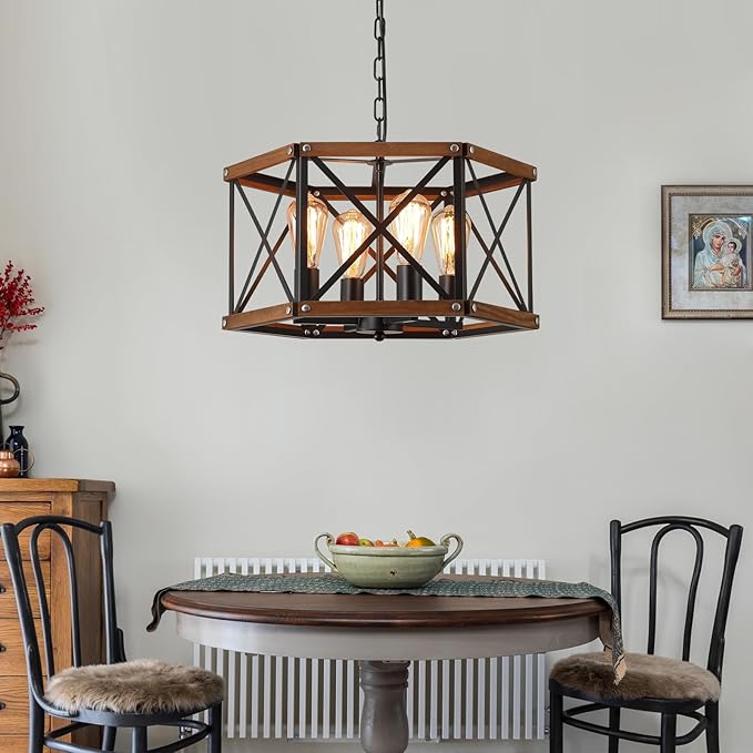 4-Light Large Rustic Farmhouse Wood Pendant Light Fixture with Adjustable Chain, 20 inch Oak Wood and Metal Cage Chandelier for Dining Room Kitchen Island Farmhouse Living Room Entry, Black
