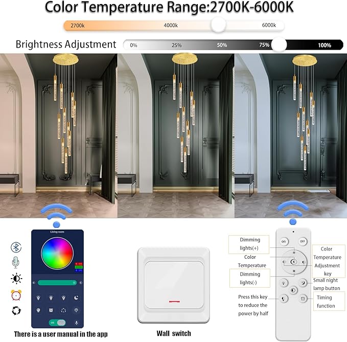 Flashing God Modern Crystal Chandelier Dimmable LED Gold Ceiling Light Crystal Bubble Pendant Lights High Ceiling Chandelier for Living Room Lobby Staircase Chandeliers