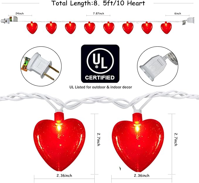 8.5Ft Red Heart Fairy String Lights, Valentine's Day Decor Lights with 10 Red 3D Heart Lights, Connectable Valentine's Day Love Heart Light for Indoor Outdoor Home Wedding Anniversary Party Decoration