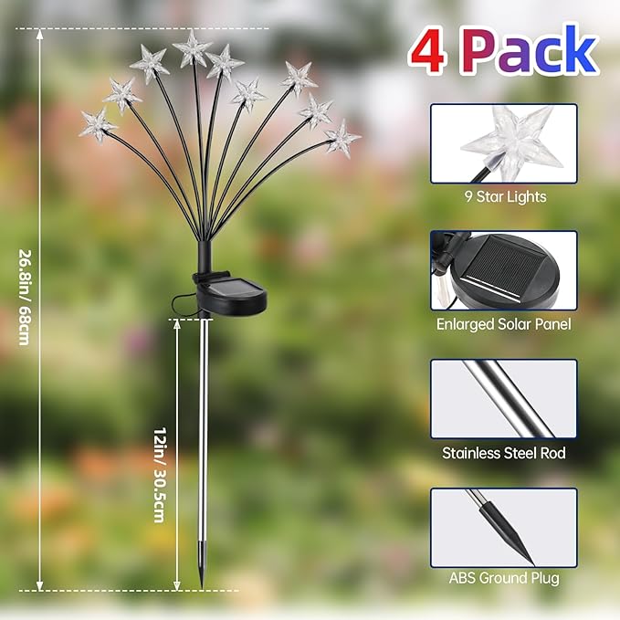 Lewondr 4th of July Decorations Solar Garden Lights, Fourth of July Red White and Blue Light Solar Lights Outdoor, Waterproof Patriotic Decor with 9 LED 2 Lighting Modes for Independence Day, 4 Pack