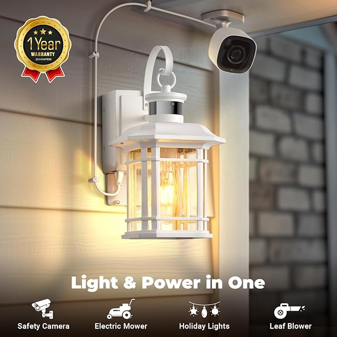 2 Pack White Porch Light with GFCI Outlet, 3 Modes Motion Sensor Exterior Lighting Fixtures, Dusk to Dawn Outside Lights for House, Porch, Garage, Waterproof, Anti-Rust