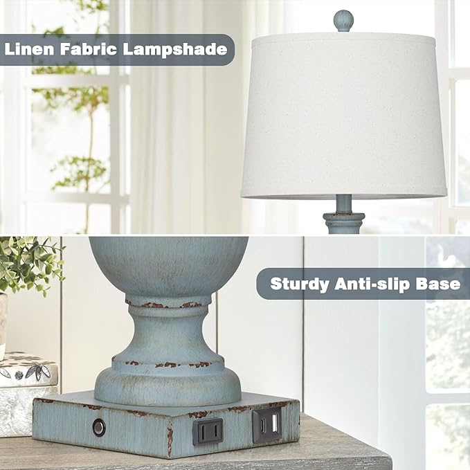 Farmhouse Table Lamps Set of 2, Rustic Touch Control Bedside Lamps with 2 USB Ports & AC Outlet, Vintage 3-Way Dimmable Nightstand Lamp Linen Fabric Shade for Living Room Bedroom End Table Decor