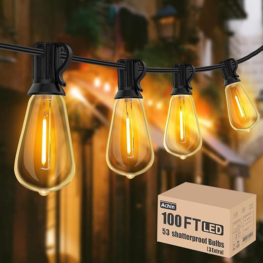 Achin 100FT Outdoor String Lights LED Dimmable Patio Lights String Waterproof with 50+3 Shatterproof Bulbs ST38 Vintage String Lights for Outside Gazebo Bistro Lights, 2200K Warm White
