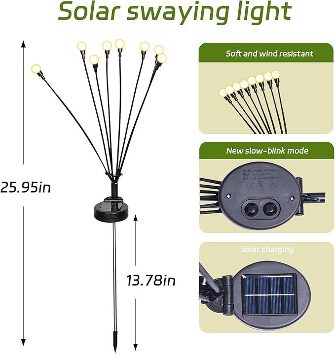4 Packs Solar Firefly Lights, 32 LED Warm Solar Walkway Lights Outdoor, Waterproof Swaying Light Garden Decor with 2 Modes, Lawn Lights for Front Yard Backyard Yard and Pathway