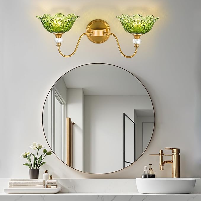 Vintage Bathroom Vanity Light, 2-Light Matte Brass Finish Vanity Light with Floral Green Glass Shades, Retro Wall Sconce for Bathroom, Dressing Table
