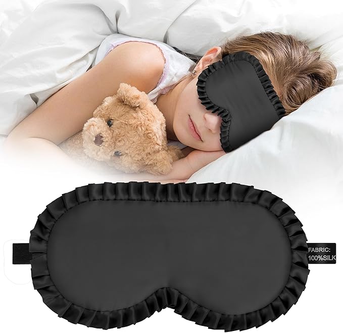 Kids Sleep Mask, 100% Real Mulberry Silk Eye Mask, Sleeping Mask for Kids with Adjustable Elastic Band, Soft & Light Blocking Eye Cover Gift for Boys Girls Teens Age 5+ (Black)