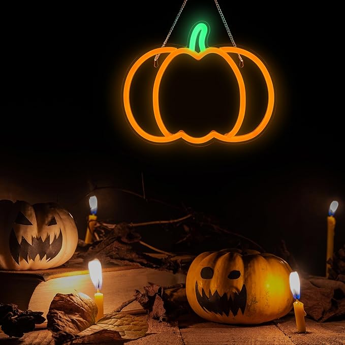 Halloween Decorations Pumpkin Neon Sign, 7.3*9in Dimmable Neon Sign Hanging for Wall, Indoor Cute Vintage Fall Thanksgiving Decor for Table Home Kitchen Bedroom Living Room Bar Pub Club Party, Indoor Battery Operated or USB