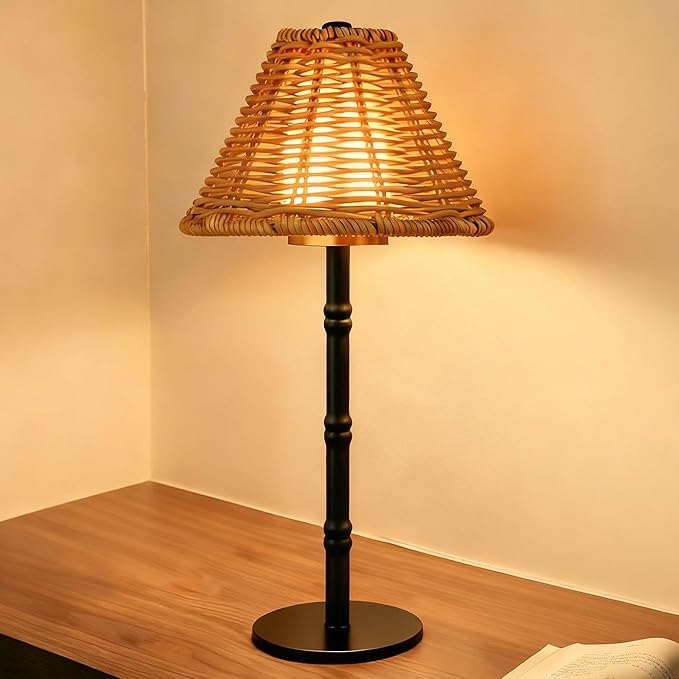 Mr.White Rechargeable Cordless Table Lamp with Wicker Shade, 5200mAh Battery Operated Portable Table Light with Touch Control, for Patio Restaurant Kitchen Dinner (Black)