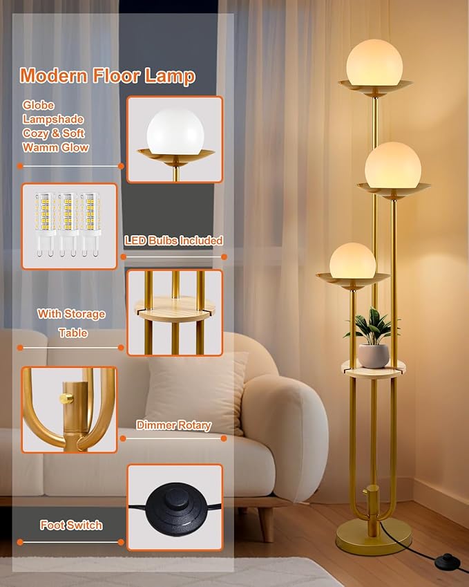 Lightdot 63IN Globe Floor Lamp with Shelf 3-Lights Modern Gold Dimmable Floor Lamps with Bulbs Included for Wedding/Party, Tall Standing Lamp for Living Room/Bedroom/Sofa Beside/Corner Decor