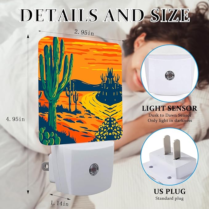 Cactus Night Light, Plug-into Wall Desert Plant Nightlight Lamp with Dusk to Dawn Sensor, Led Lamp 0.5W Energy Efficient for Boys Girls Adults Home Decor
