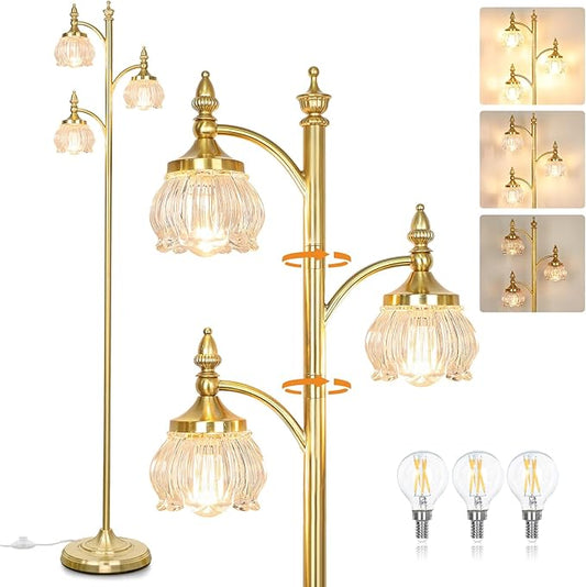 Floor Lamp Gold Glass Brass 66.5in Tall Standing Lamp for Living Room with 3 Brightness Lights Vintage Tree Flower Lamp for Bedroom Office(3LED Bulbs Included)