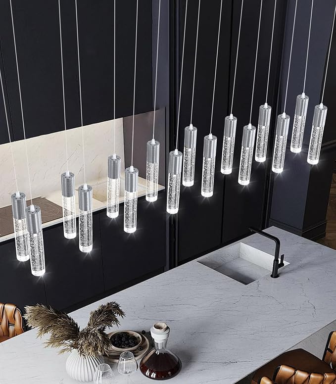 16-Lights Modern Crystal Rectangular Chandeliers LED Pendant Light for Kitchen Island High Ceiling Chandelier for Dining Room Entrance Foyer Living Room Silver