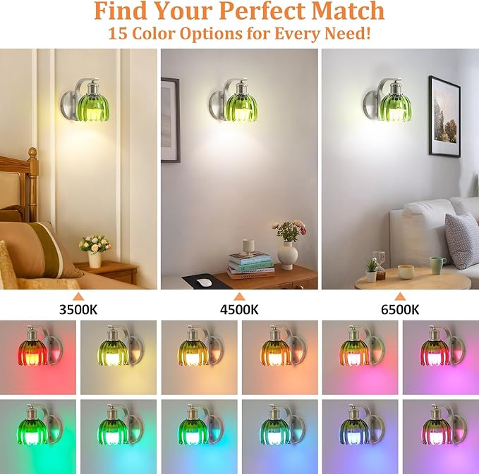 Rechargeable Battery Operated Wall Sconce with Green Glass Lampshade, Wireless Wall Scone Decor with Remote Control, 15 Colors Brushed Nickle Wall Light for Bedside Hallway Bedroom Doorway