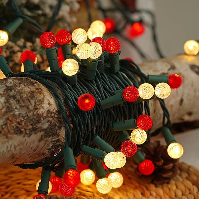 BOHON Christmas Lights Outdoor Faceted G15 50 LED 17ft Plug in Mini Globe String Lights Waterproof Extendable Green Wire for Indoor Patio Xmas Thanksgiving Tree Decoration Red and Warm White