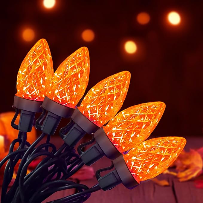 Orange Halloween String Lights Outdoor, 26Ft Halloween Decorations Lights with 50 C7 LED Strawberry Orange Bulbs, Hanging Outdoor Patio Light for Outside Roofline Fall House Window Holiday Party Decor