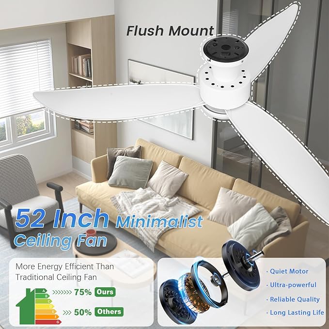 White 52 inch Ceiling Fans with Lights and Remote, 3 Blade Modern Low Profile Ceiling Fan, 6 Speeds Quiet Reversible DC Motor, 3 Color Dimmable LED Light for Bedroom Living Room Indoor Patio White