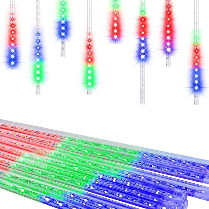 Aukora Meteor Shower Lights UL Certified Outdoor Christmas Lights 12inch 8 Tubes 192 LED Snow Falling Icicle Cascading Light for Xmas Tree Decoration Halloween Wedding Party Holiday Yard, Multicolor