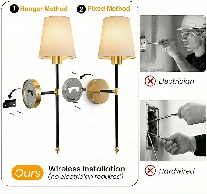 Wall Sconces Battery Operated Set of 2, Rechargeable Wall Sconce, 10 Colors Wireless Wall Sconces Set of Two, 5200mAh Dimmable Bulbs and Remote, for Bedroom Living Room, Hallway (Black-Gold - 24 inch)